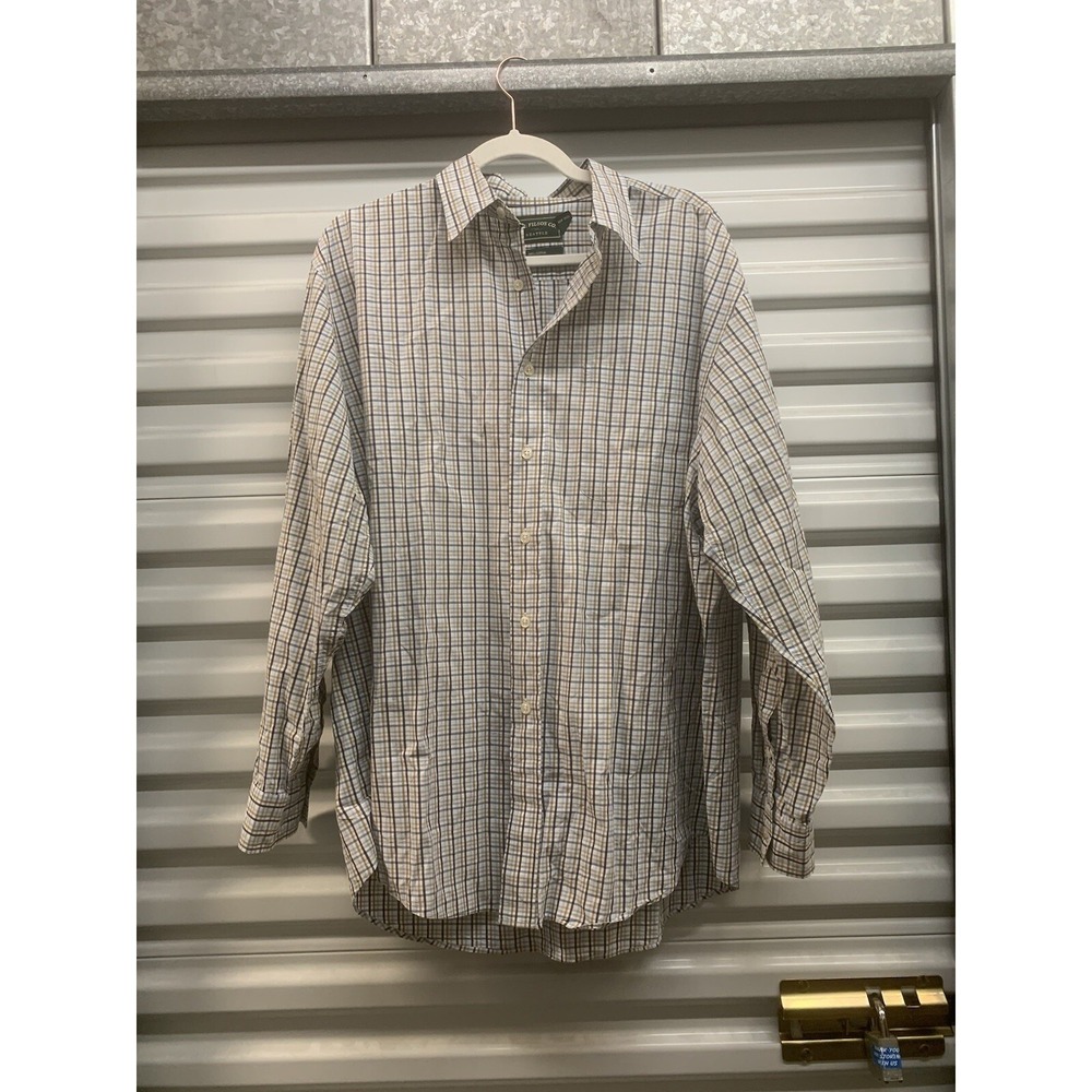 CC Filson Shirt Men's Large White Blue Plaid Casual Button Cotton - Read Notes